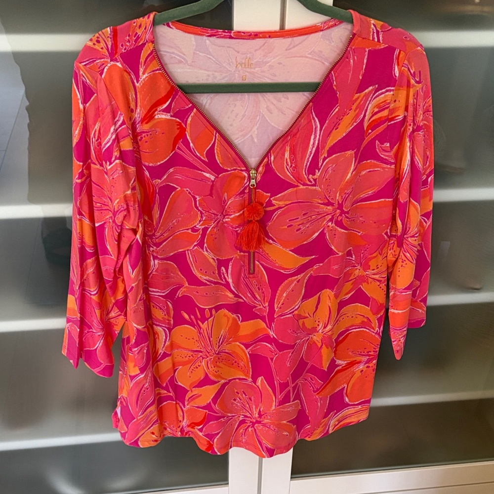 Belle by Kim Gravel Fuchsia & Orange Floral Tassel Zip V-Neck Blouse